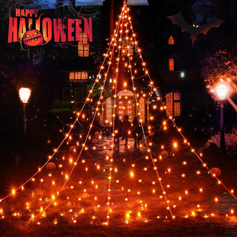 BlcTec Halloween Decorations Giant Spider Web Lights, 19.7ft x 14.7ft Lighted White Spider Web with 250 LEDs, Sturdy Wire Halloween Web Lights with 8 Modes, Waterproof for Yard, Lawn Decor (Orange) - Image 1